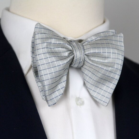 Men's‎ 100% Silk Self-Tied Bow Tie Big Butterfly Blue Micro Plaid Made USA S724 - Picture 2 of 8